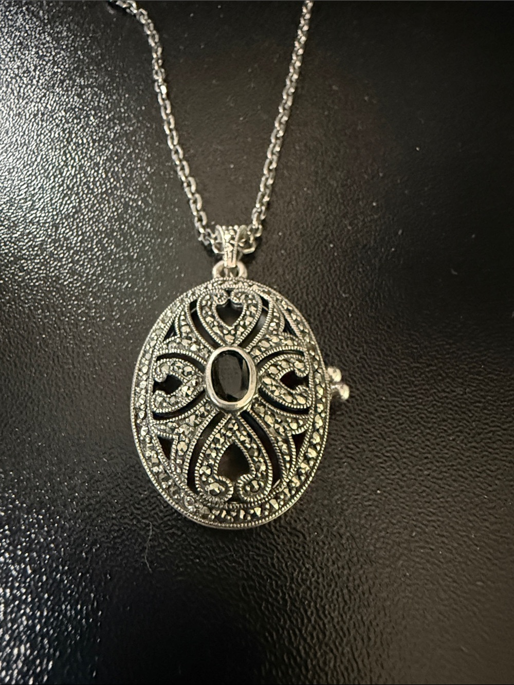 Sterling 925 Silver Filigree Locket Necklace with Black Stone and Marcasites